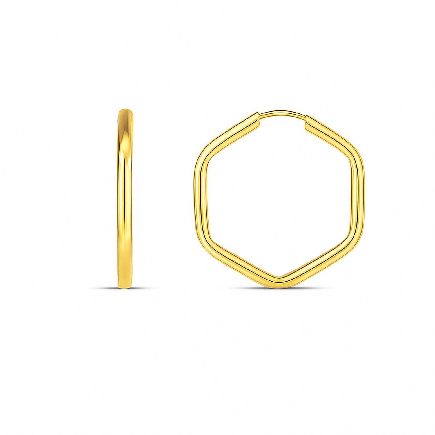 14k Yellow Gold Endless Hexagon Hoop Earrings in a sleek high-contrast midnight luxury editorial style